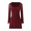 Women's Vintage Square Neck Lace Bodycon Mini Dress Sexy Floral Flocking Long Sleeve Velvet Bow Burgundy Party Clubwear Evening Dress