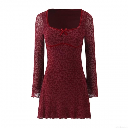 Women's Vintage Square Neck Lace Bodycon Mini Dress Sexy Floral Flocking Long Sleeve Velvet Bow Burgundy Party Clubwear Evening Dress