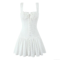 White Eyelet Embroidered Cami Dress Cotton Blend Square Neck Lace Up Back Smocked Waist Mini Dress For Women Summer Casual Beach Party