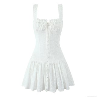 White Eyelet Embroidered Cami Dress Cotton Blend Square Neck Lace Up Back Smocked Waist Mini Dress For Women Summer Casual Beach Party