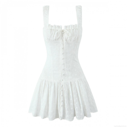 White Eyelet Embroidered Cami Dress Cotton Blend Square Neck Lace Up Back Smocked Waist Mini Dress For Women Summer Casual Beach Party