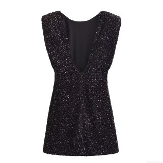 2024 Winter Fashion V-Neck Sequin Sleeveless Velvet Dress Women's Slim Fit A-Line Mini Dress Elegant Party Evening Cocktail Gown