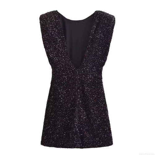 2024 Winter Fashion V-Neck Sequin Sleeveless Velvet Dress Women's Slim Fit A-Line Mini Dress Elegant Party Evening Cocktail Gown