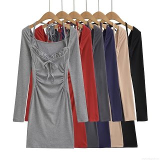 Women Fashion Winter Halter Neck Long Sleeve Mini Dress Polyester Ruched Bodycon Dress With Lettuce Edge And Drawstring For Party Club Streetwear Lady