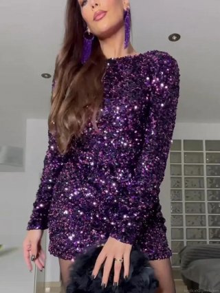 Women Sexy Purple Sequin Mini Dress Long Sleeve Backless Bodycon Cocktail Party Night Clubwear Polyester Sequin Short Dress