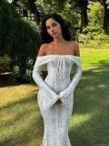 Elegant White Lace Maxi Dress For Women Off-Shoulder Flared Sleeve Slim Fit Fishtail Evening Gown Wedding Party Clubwear Dress