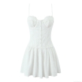 Women's White Eyelet Embroidery Spaghetti Strap Mini Dress Sexy Sleeveless Button Down High Waist Flared Hem Sundress For Summer Party Beach Vacation Women