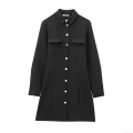 Women Fashion Black Long Sleeve Lapel Button-Down Shirt Mini Dress Western Style Polyester Woven Dress With Metal Buttons For Streetwear Office Commuting