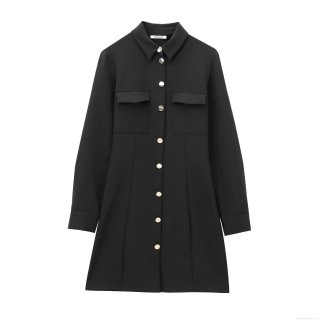 Women Fashion Black Long Sleeve Lapel Button-Down Shirt Mini Dress Western Style Polyester Woven Dress With Metal Buttons For Streetwear Office Commuting