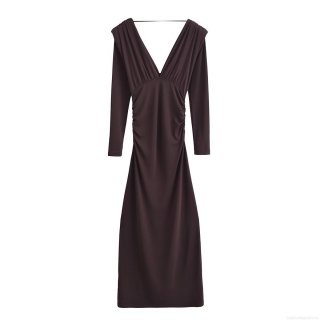 Women European American V Neck Ruched Maxi Dress With Shoulder Pads Long Sleeve Polyester Side Pleated Slim Fit Solid Color Long Dress For Party Daily Dating