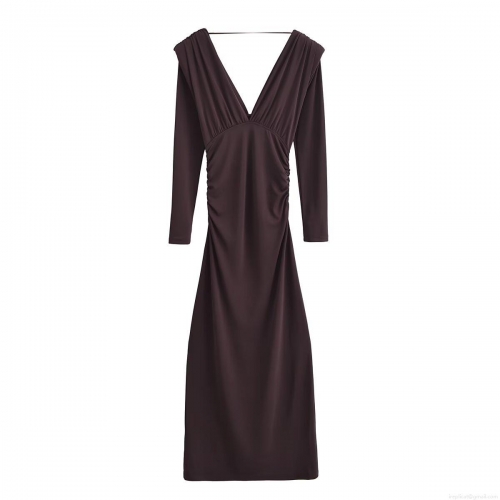 Women European American V Neck Ruched Maxi Dress With Shoulder Pads Long Sleeve Polyester Side Pleated Slim Fit Solid Color Long Dress For Party Daily Dating