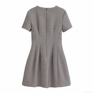 Women's Chic Houndstooth Round Neck Short Sleeve Slim Fit A-Line Mini Dress Elegant Back Zipper Office Street Style Short Dress For Daily Commuting