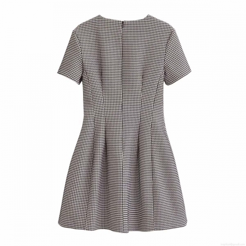 Women's Chic Houndstooth Round Neck Short Sleeve Slim Fit A-Line Mini Dress Elegant Back Zipper Office Street Style Short Dress For Daily Commuting