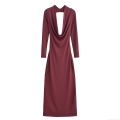 Sexy Backless Cowl Neck Maxi Dress For Women Slim Fit Long Sleeve Pleated Polyester Dress Party Evening Long Robe Burgundy