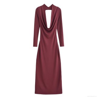 Sexy Backless Cowl Neck Maxi Dress For Women Slim Fit Long Sleeve Pleated Polyester Dress Party Evening Long Robe Burgundy
