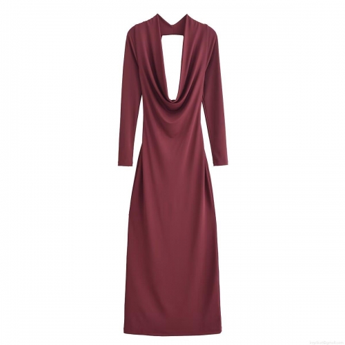 Sexy Backless Cowl Neck Maxi Dress For Women Slim Fit Long Sleeve Pleated Polyester Dress Party Evening Long Robe Burgundy