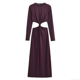 Women Elegant Solid Color Maxi Dress Polyester Knit Long Sleeve Round Neck Waist Cutout Twist Knot Slim Fit Streetwear Party Long Dress