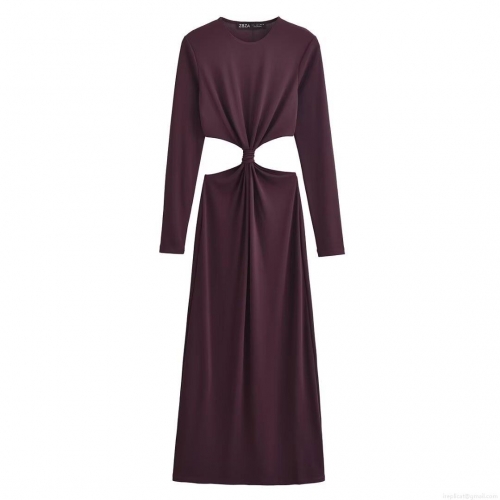 Women Elegant Solid Color Maxi Dress Polyester Knit Long Sleeve Round Neck Waist Cutout Twist Knot Slim Fit Streetwear Party Long Dress