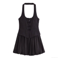 Women's Halter Neck Mini Dress Elegant Sleeveless Backless Puffy Bubble Skirt With Bow Decor Solid Black Polyester Dress For Party Clubwear Evening