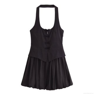 Women's Halter Neck Mini Dress Elegant Sleeveless Backless Puffy Bubble Skirt With Bow Decor Solid Black Polyester Dress For Party Clubwear Evening