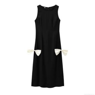 Women's Elegant Black Sleeveless Maxi Dress With Contrast White Bowknot Round Neck Slim Fit Polyester Gown For Party Clubwear Streetwear Fashion
