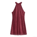 Women's Sexy Halter Neck Sequin Mini Dress Sleeveless Backless Burgundy Red A-Line Party Clubwear Evening Dress Polyester Glitter Gown