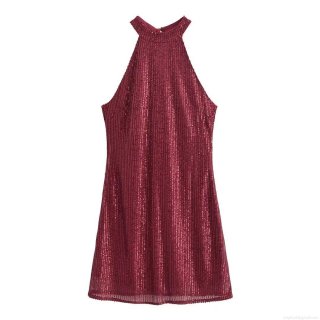 Women's Sexy Halter Neck Sequin Mini Dress Sleeveless Backless Burgundy Red A-Line Party Clubwear Evening Dress Polyester Glitter Gown