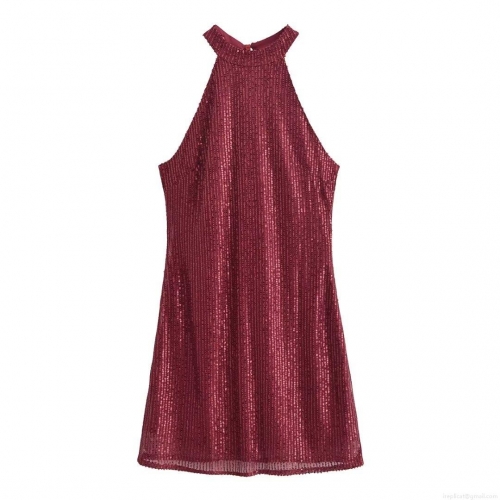 Women's Sexy Halter Neck Sequin Mini Dress Sleeveless Backless Burgundy Red A-Line Party Clubwear Evening Dress Polyester Glitter Gown