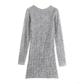 Sexy Backless Sequin Mini Dress Women Long Sleeve Round Neck Silver Sparkly Party Dress Glamorous Bodycon Clubwear Night Out Short Dress