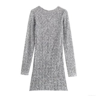 Sexy Backless Sequin Mini Dress Women Long Sleeve Round Neck Silver Sparkly Party Dress Glamorous Bodycon Clubwear Night Out Short Dress