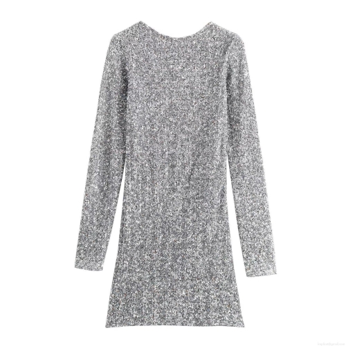 Sexy Backless Sequin Mini Dress Women Long Sleeve Round Neck Silver Sparkly Party Dress Glamorous Bodycon Clubwear Night Out Short Dress