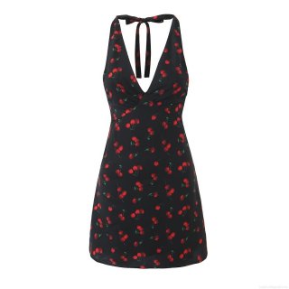 Women's Sexy Halter Backless Mini Dress 100% Polyester Cherry Print Lace-up Bodycon Dress For Party Vacation Summer Nightclub Wear