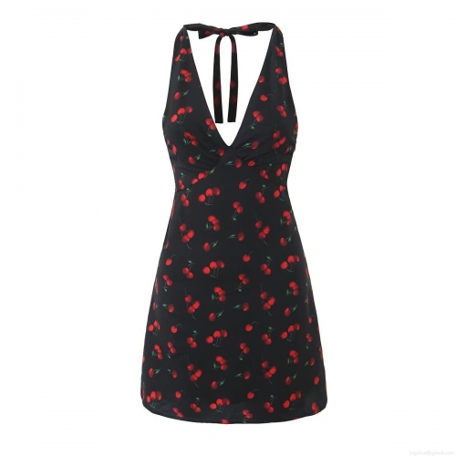 Women's Sexy Halter Backless Mini Dress 100% Polyester Cherry Print Lace-up Bodycon Dress For Party Vacation Summer Nightclub Wear