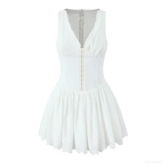 Women's Sexy V-Neck Sleeveless A-Line Mini Dress 100% Cotton Hollow Out Embroidery Eyelet Dress For Summer Vacation Beach Party Solid White Back Zipper Dress
