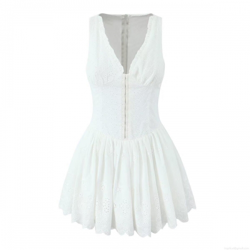 Women's Sexy V-Neck Sleeveless A-Line Mini Dress 100% Cotton Hollow Out Embroidery Eyelet Dress For Summer Vacation Beach Party Solid White Back Zipper Dress