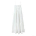 Women White Embroidered Backless Camisole Midi Dress Cotton Blend Tiered Maxi Sun Dress For Summer Beach Party