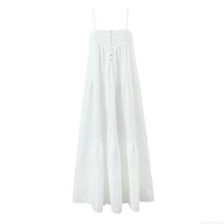 Women White Embroidered Backless Camisole Midi Dress Cotton Blend Tiered Maxi Sun Dress For Summer Beach Party