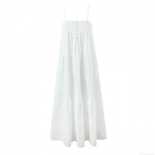 Women White Embroidered Backless Camisole Midi Dress Cotton Blend Tiered Maxi Sun Dress For Summer Beach Party