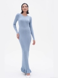 Women's Elegant Ribbed Knit Maxi Dress Crew Neck Long Sleeve Bodycon Mermaid Hem Ruffle Long Dress For Spring Autumn Street Fashion