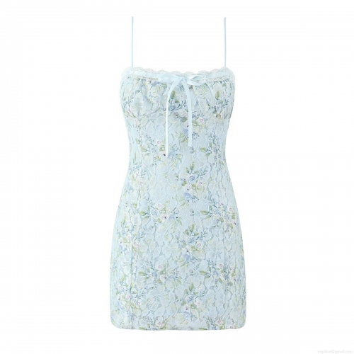 French Romantic Floral Lace Camisole Mini Dress With Adjustable Straps And Ribbon Bow For Women Chic Light Blue Polyester Mesh Lining Streetwear Slip Dress