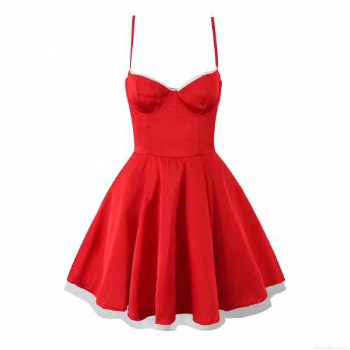 Women's Sexy Satin Mini Dress With Lace Trim Underwire Camisole Party Dress Adjustable Straps Back Zipper Bodycon Red Slip Dress For Women Date Night Out