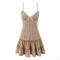 Women's Vintage Brown Plaid Camisole Mini Dress With Lace Trim And Bow Details Sleeveless Tiered Ruffle Pastoral Style Dress For Summer Dating