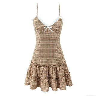 Women's Vintage Brown Plaid Camisole Mini Dress With Lace Trim And Bow Details Sleeveless Tiered Ruffle Pastoral Style Dress For Summer Dating