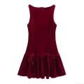 Women's Velvet Mini Dress Sleeveless Round Neck A-Line Short Skirt With Bow Knot Back Invisible Zipper Solid Color Wine Red Street Fashion Party Dresses For Women