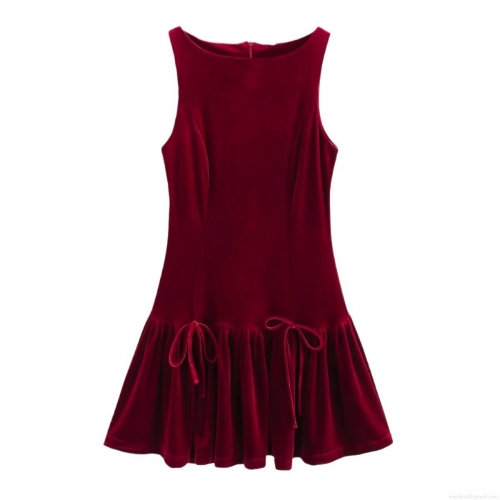 Women's Velvet Mini Dress Sleeveless Round Neck A-Line Short Skirt With Bow Knot Back Invisible Zipper Solid Color Wine Red Street Fashion Party Dresses For Women
