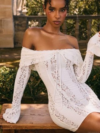 Off-The-Shoulder Lace Mini Dress Women Long Lantern Sleeve Hollow Out White Elegant Party Bodycon Short Dresses With Lining
