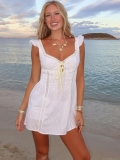 French Style White Slip Mini Dress Cotton Polyester Blend Lace Ruffles Bow Decoration Sexy V-Neck Sleeveless Backless Summer Beach Vacation Sun Dress Women