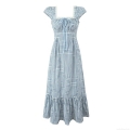 Women Gingham Plaid Maxi Dress With Lace Trim Square Neck Puff Sleeve Tiered Ruffle Hem Side Zipper Cottagecore Style Sundress For Summer Vacation