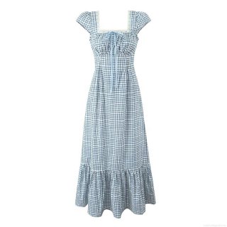 Women Gingham Plaid Maxi Dress With Lace Trim Square Neck Puff Sleeve Tiered Ruffle Hem Side Zipper Cottagecore Style Sundress For Summer Vacation