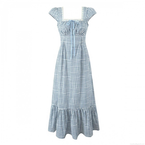 Women Gingham Plaid Maxi Dress With Lace Trim Square Neck Puff Sleeve Tiered Ruffle Hem Side Zipper Cottagecore Style Sundress For Summer Vacation